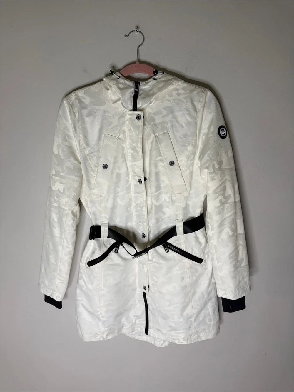 Michael Kors White Camo Hooded Parka with Black Belt Size Small